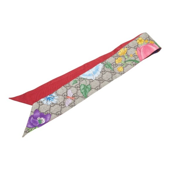 Gucci GG Flora Print Neck Bow Scarf, 609317, Greige Multicolor Silk, Women's - Picture 1 of 6